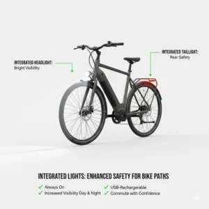 Illustration of integrated LED headlamps and taillights on an electric bike for bike paths.