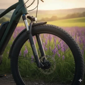 Detailed view of the front fork suspension on an electric bike designed to absorb bumps on uneven country roads.