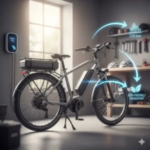 Detailed view of a high-capacity lithium battery mounted on an electric cargo bike frame.