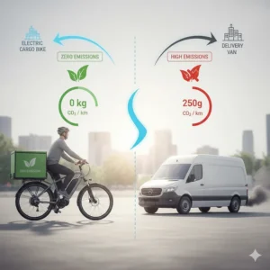 A photorealistic scene of an electric cargo bike being used for a daily commute in natural evening light.