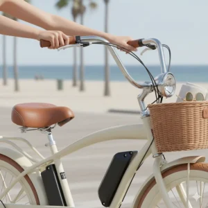 Illustration highlighting the ergonomic features of an electric cruiser bike, including the wide padded seat and swept-back handlebars for comfort.