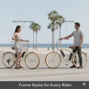Comparison of step-through and step-over electric cruiser bike frames for different rider accessibility needs.