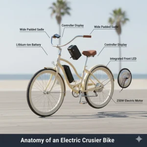 An exploded view diagram of an electric cruiser bike showing the integrated battery system and rear hub motor.