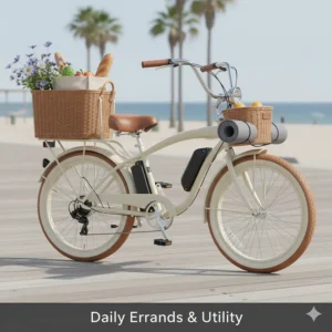 An electric cruiser bike equipped with a rear rack and front basket, demonstrating its use for daily errands and commuting.
