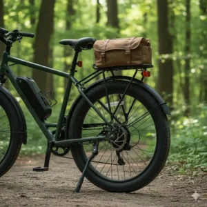 An electric fat tire bike equipped with a rear cargo rack and fenders for urban commuting and utility.