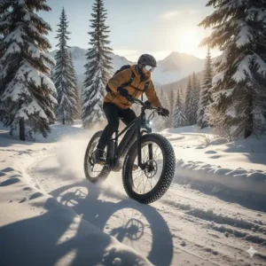 A rider navigating a snowy mountain trail on a black electric fat tire bike with high-traction treads.