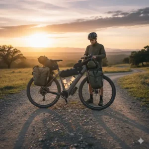 An electric bike for gravel roads loaded with panniers and frame bags for a long-distance adventure.