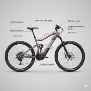 Side-view diagram highlighting the slack geometry and low center of gravity of a modern electric mountain bike.