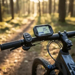 Close-up illustration of the digital display and control unit on an electric mountain bike handlebar.