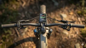 Top-down view illustration of an e-MTB cockpit featuring the digital display, power modes, and dropper post remote.