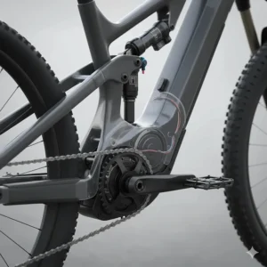 Diagram showing the center-mounted mid-drive motor on a high-end electric mountain bike.