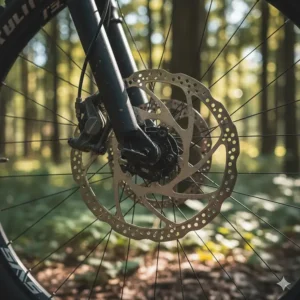 Detailed view of heavy-duty hydraulic disc brakes designed for the weight of an electric mountain bike.