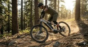 Illustration of a lithium-ion battery seamlessly integrated into the downtube of an electric mountain bike.