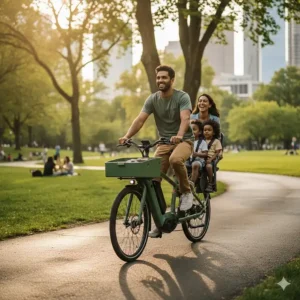 A happy family riding a green longtail electric cargo bike on a paved path in a sunny city park.