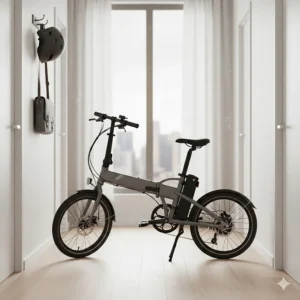 A compact folding electric bike being stored in a small urban apartment hallway.