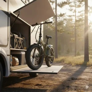 A compact folding electric bike for camping being tucked into the storage compartment of an RV.