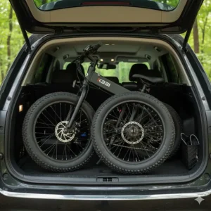 A compact, folded electric fat tire bike showing how it fits easily into a car trunk for transport.