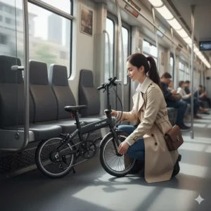 A compact, folding lightweight electric bike being placed under a seat on a commuter train.
