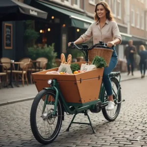 A photorealistic front-loading electric cargo bike with a large carrier box parked on an urban street.