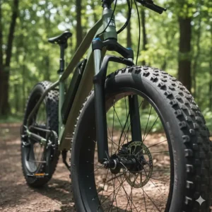 Detailed view of the hydraulic front suspension fork designed to absorb shocks on a fat tire e-bike.