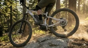 Technical drawing of the front fork and rear shock absorbers on a full-suspension electric mountain bike.