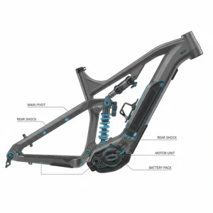 Technical illustration of a full suspension electric mountain bike frame showing the rear shock and pivot points.