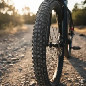 Close-up of wide, knobby tires designed for traction on gravel and dirt paths for e-bikes.