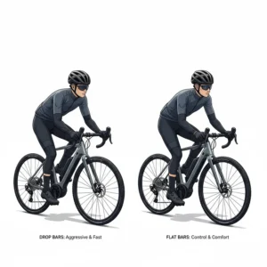 Side-by-side comparison of drop bars and flat bars on electric gravel bikes for different riding styles.