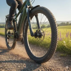 Close up of fat tires on a gravel road electric bike handling a rugged dirt path with loose stones.
