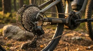 Illustration of a 12-speed drivetrain and reinforced chain designed for the high torque of an electric mountain bike.