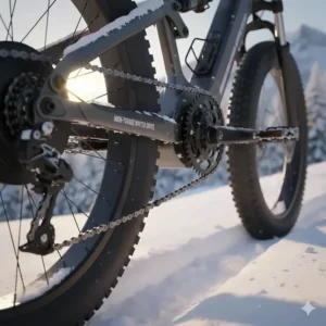 Illustration of a powerful mid-drive e-bike motor optimized for climbing snowy hills.