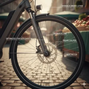 A detailed view of hydraulic disc brakes on an urban electric bike for responsive stopping in city traffic.