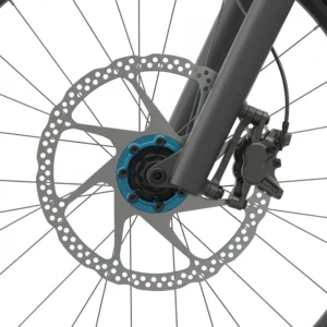 Detailed illustration of four-piston hydraulic disc brakes on an electric mountain bike for heavy-duty stopping power.