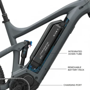 Illustration showing the internal lithium-ion battery housed within the down tube of an electric mountain bike.