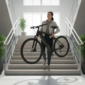A person easily carrying a lightweight electric bike up a flight of stairs into an apartment.