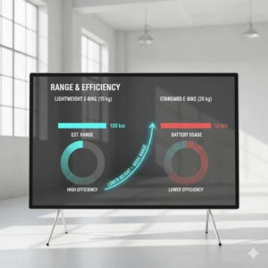 Graphic showing how lower weight increases the range and efficiency of a lightweight electric bike.