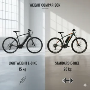 Infographic comparing the weight of a lightweight electric bike to a traditional heavy e-bike.