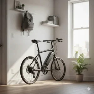 A lightweight electric bike stored neatly in a small urban studio apartment.