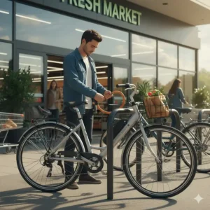 Securely locking an electric bike at a grocery store bike rack using a U-lock.