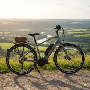 A long-distance electric bike parked next to a scenic overlook, showcasing a high-capacity battery for extended rural trips.