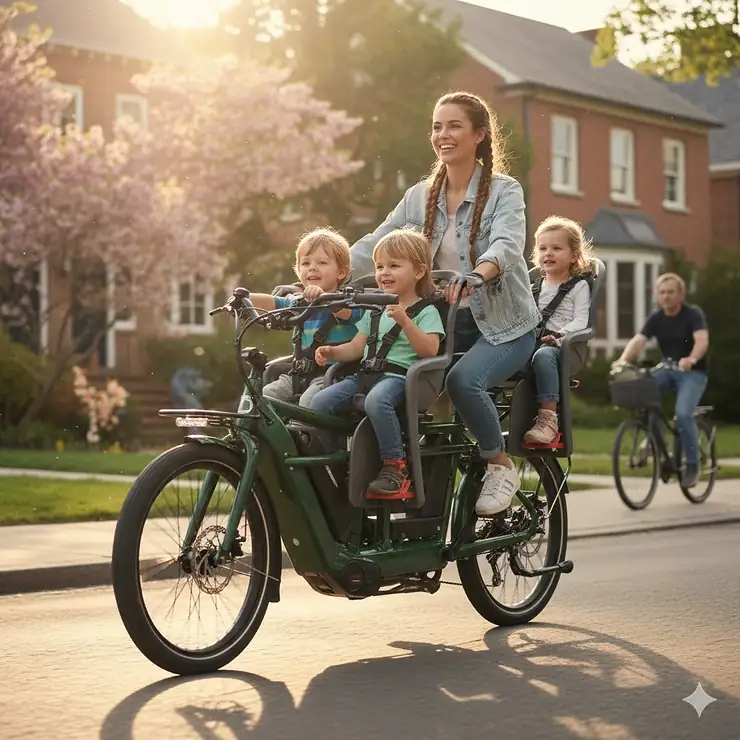 A high-detail longtail electric cargo bike equipped with child seats parked under a tree in a park.