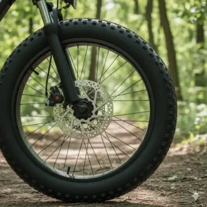 Close-up of the front mechanical disc brake system on a 4-inch wide e-bike tire for superior stopping power.