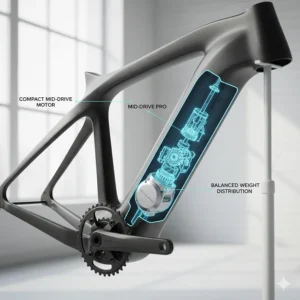 Illustration of a compact mid-drive motor on a lightweight electric bike for balanced weight distribution.