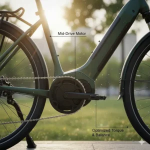 Detailed view of a mid-drive motor installed on a modern step through electric bike for balanced power.