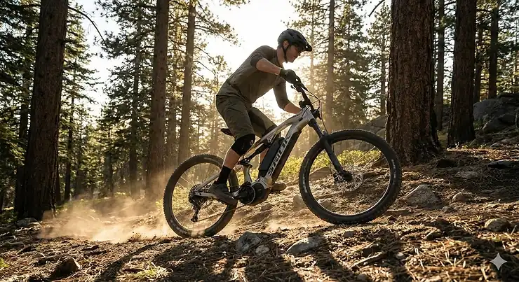 A professional electric mountain bike being ridden through a lush forest trail at high speed.
