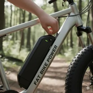 An integrated, removable lithium-ion battery pack mounted on the downtube of an electric fat bike.