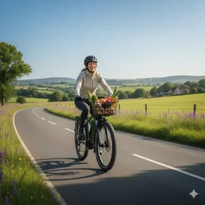 A person using a rural commuter electric bike on a quiet paved road passing through open farmland.