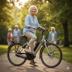 An active senior man comfortably boarding a step through electric bike in a park setting.