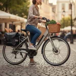 A step-through electric bike frame making it easy to mount while carrying heavy bags.
