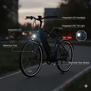 Illustration of integrated LED safety lights and reflective tires on a step through electric bike at dusk.